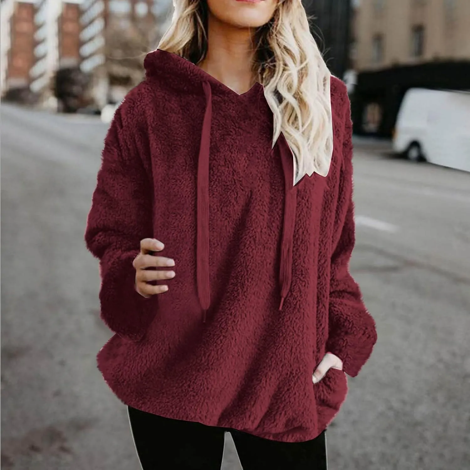 Oversized Fuzzy Fleece Hoodies For Women Warm Long Sleeve Sherpa Pullover Sweatshirts Winter Tops With Pockets