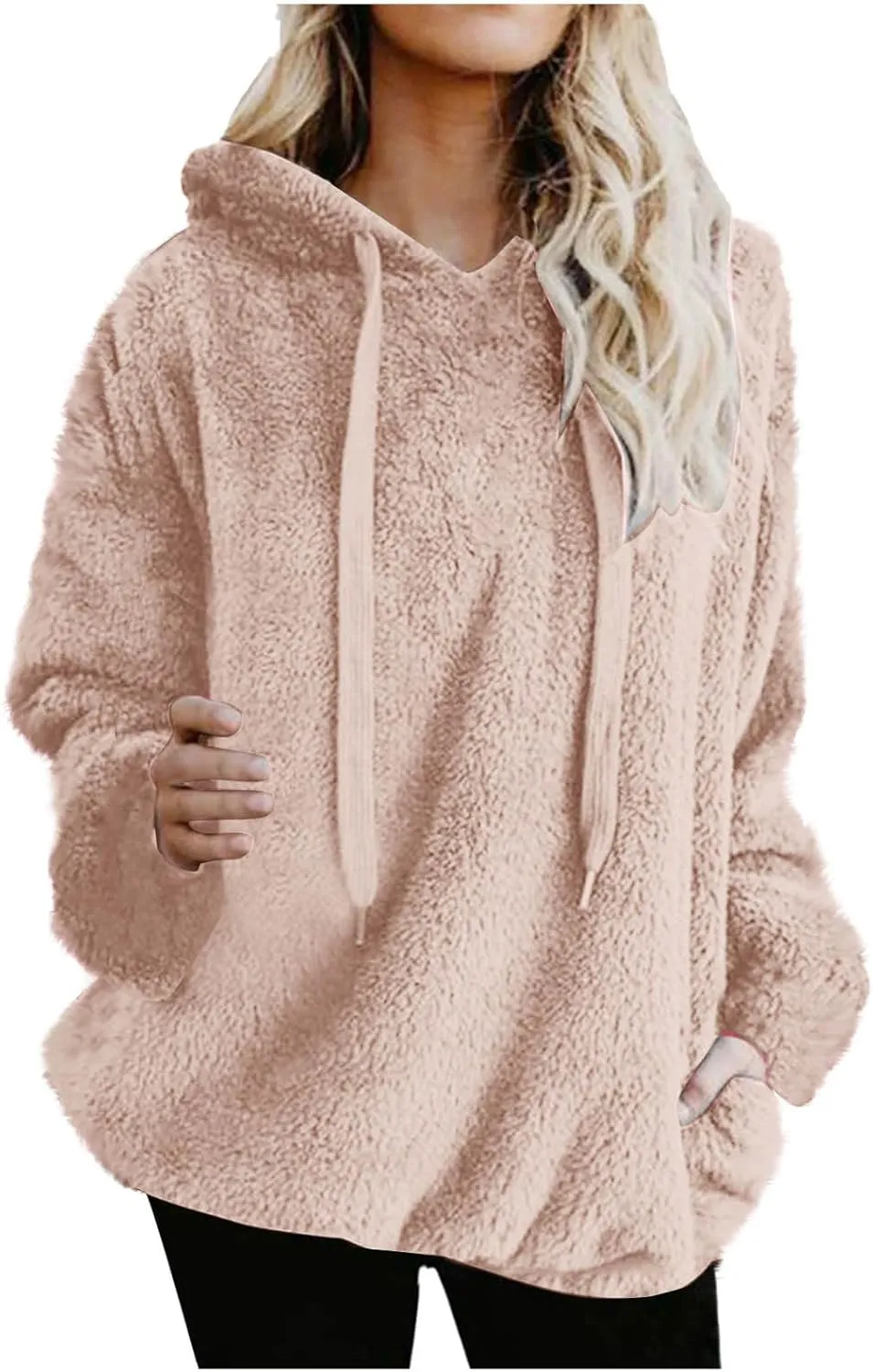 Oversized Fuzzy Fleece Hoodies For Women Warm Long Sleeve Sherpa Pullover Sweatshirts Winter Tops With Pockets
