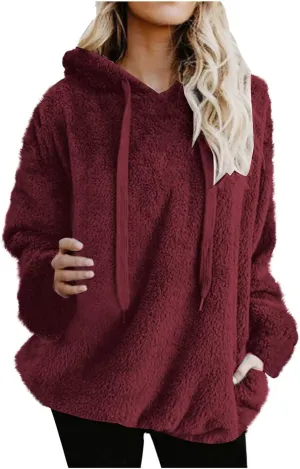Oversized Fuzzy Fleece Hoodies For Women Warm Long Sleeve Sherpa Pullover Sweatshirts Winter Tops With Pockets
