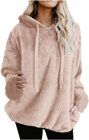 Oversized Fuzzy Fleece Hoodies For Women Warm Long Sleeve Sherpa Pullover Sweatshirts Winter Tops With Pockets
