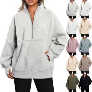 Oversized Half Zip Sweatshirt Women Fleece Quarter Zip Pullover Y2k Hoodies with Pocket Fall Outfits Winter Clothes