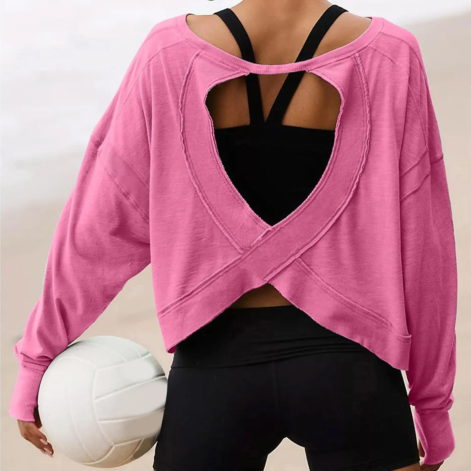 Oversized Sweatshirt for Women Crewneck Long Sleeve Tops Open Back Cross Hem Loose Fall Hoodie Casual Pullover