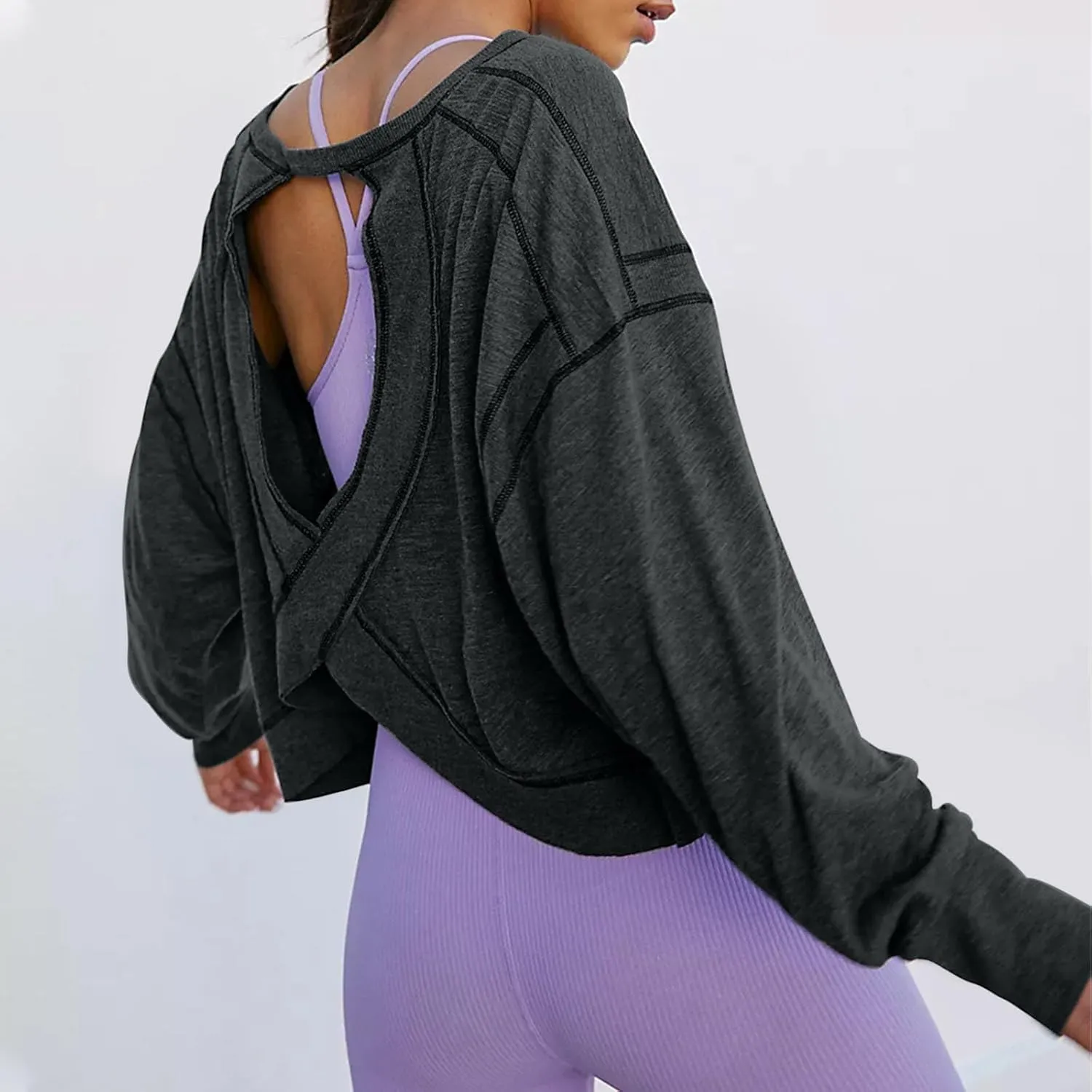 Oversized Sweatshirt for Women Crewneck Long Sleeve Tops Open Back Cross Hem Loose Fall Hoodie Casual Pullover