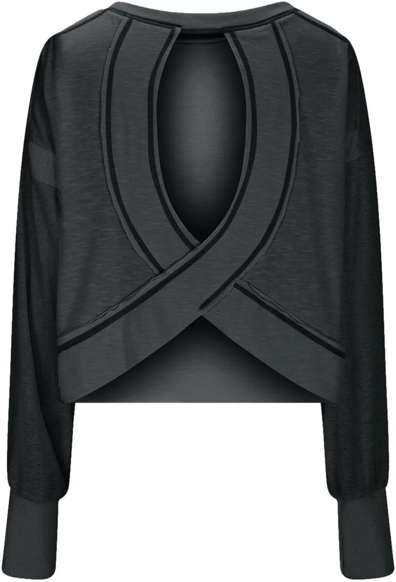 Oversized Sweatshirt for Women Crewneck Long Sleeve Tops Open Back Cross Hem Loose Fall Hoodie Casual Pullover