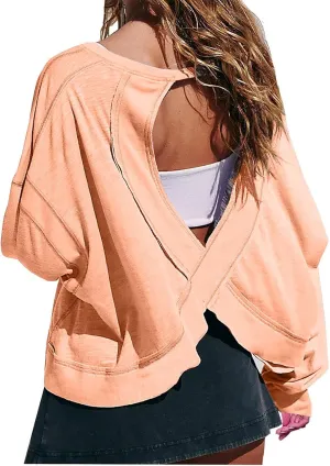 Oversized Sweatshirt for Women Crewneck Long Sleeve Tops Open Back Cross Hem Loose Fall Hoodie Casual Pullover