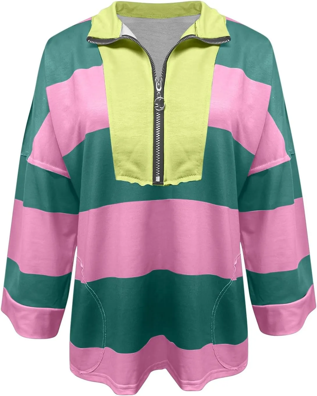 Oversized Sweatshirt Long Sleeve Half Zip Casual Tops for Women V Neck Striped Colour Block 2024 Fashion Fall Sweater