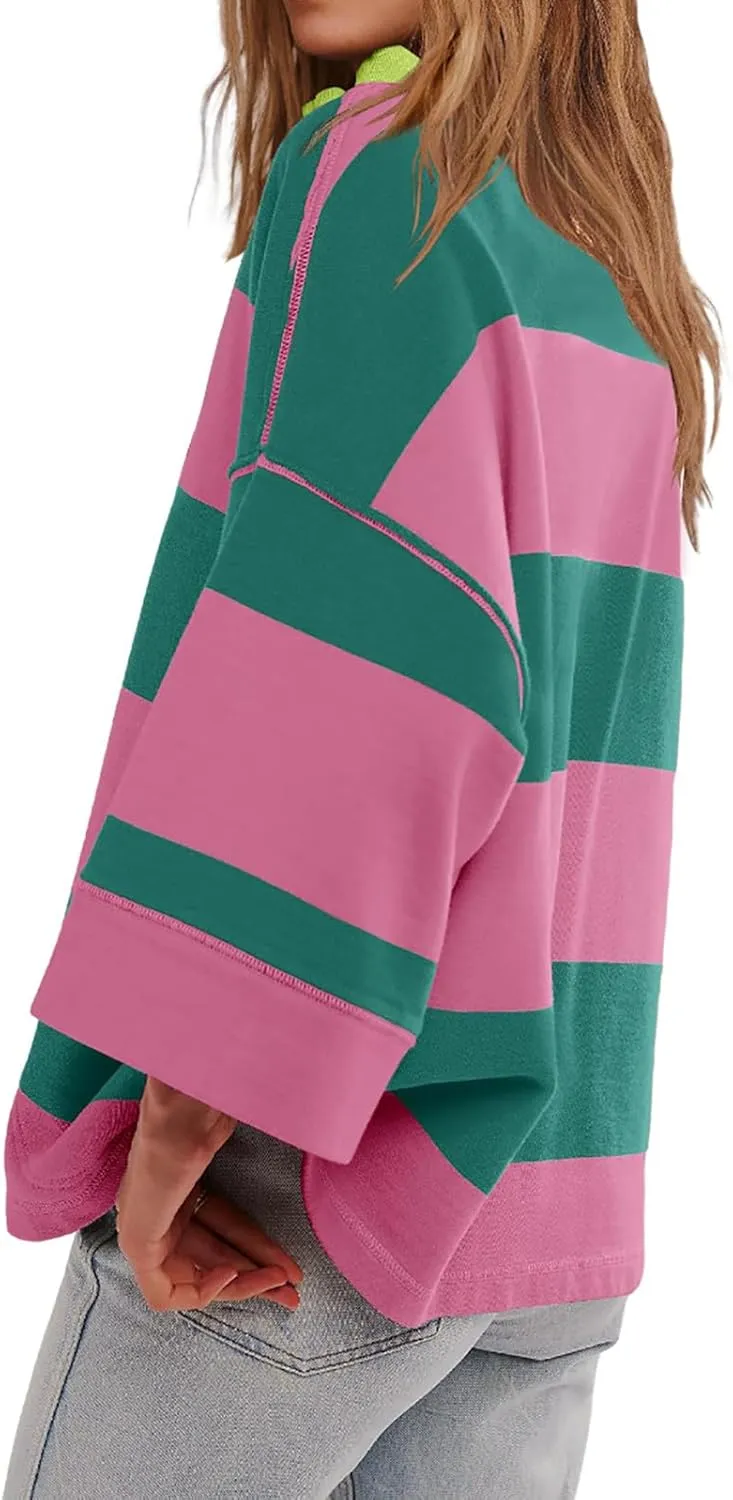 Oversized Sweatshirt Long Sleeve Half Zip Casual Tops for Women V Neck Striped Colour Block 2024 Fashion Fall Sweater