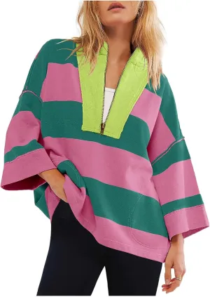 Oversized Sweatshirt Long Sleeve Half Zip Casual Tops for Women V Neck Striped Colour Block 2024 Fashion Fall Sweater