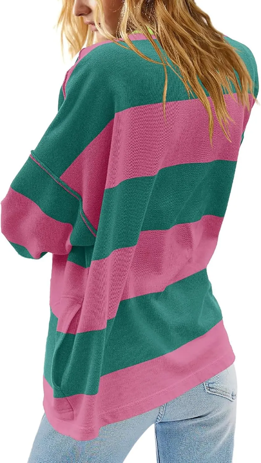 Oversized Sweatshirt Long Sleeve Half Zip Casual Tops for Women V Neck Striped Colour Block 2024 Fashion Fall Sweater