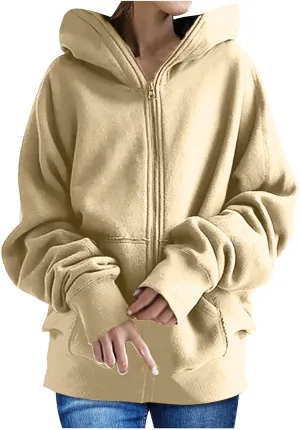 Oversized Zipper Hooded Jackets for Women Plus Size Casual Fleece Long Sleeve Hoodie Sweatshirts with Pocket S-5XL