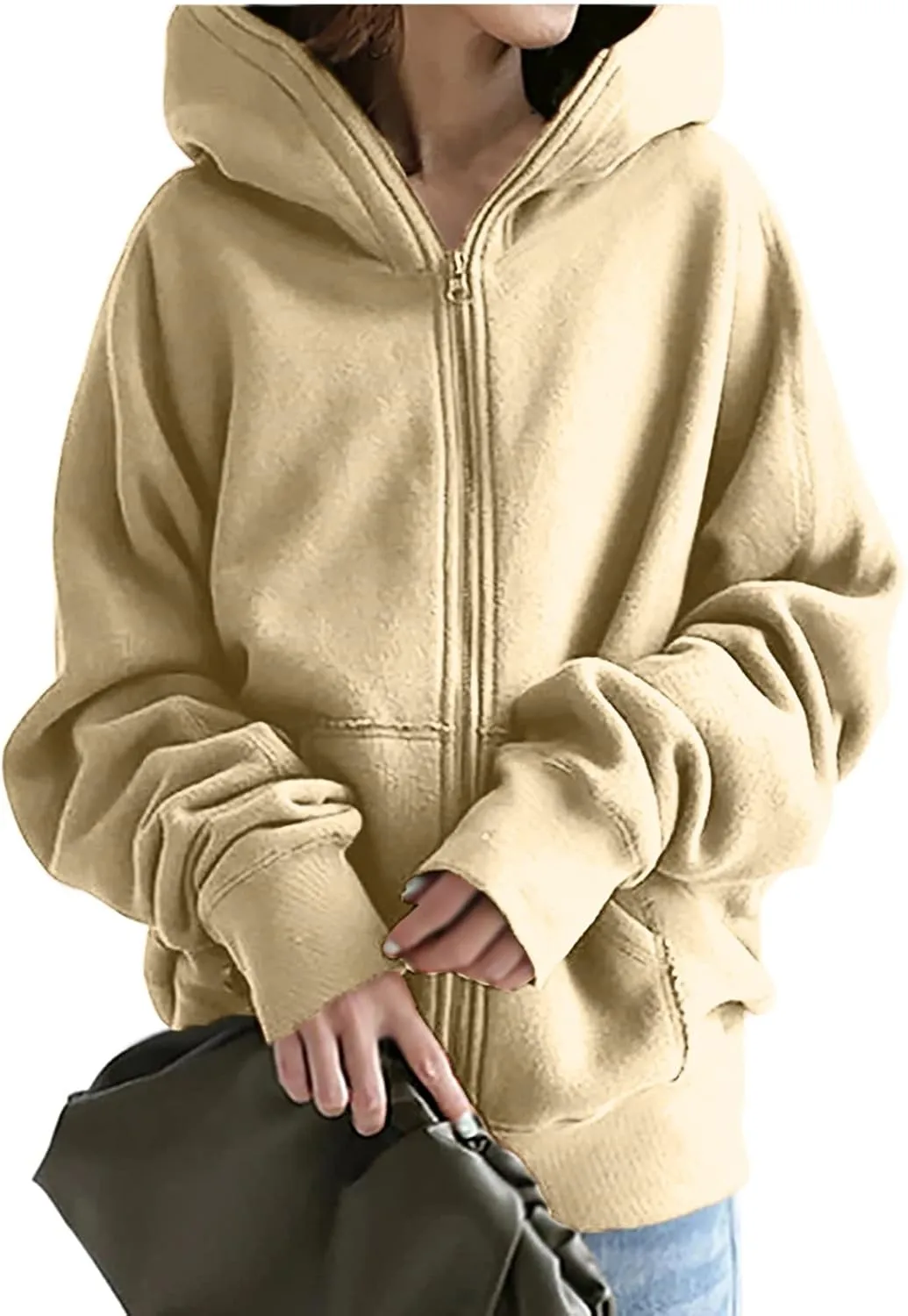 Oversized Zipper Hooded Jackets for Women Plus Size Casual Fleece Long Sleeve Hoodie Sweatshirts with Pocket S-5XL