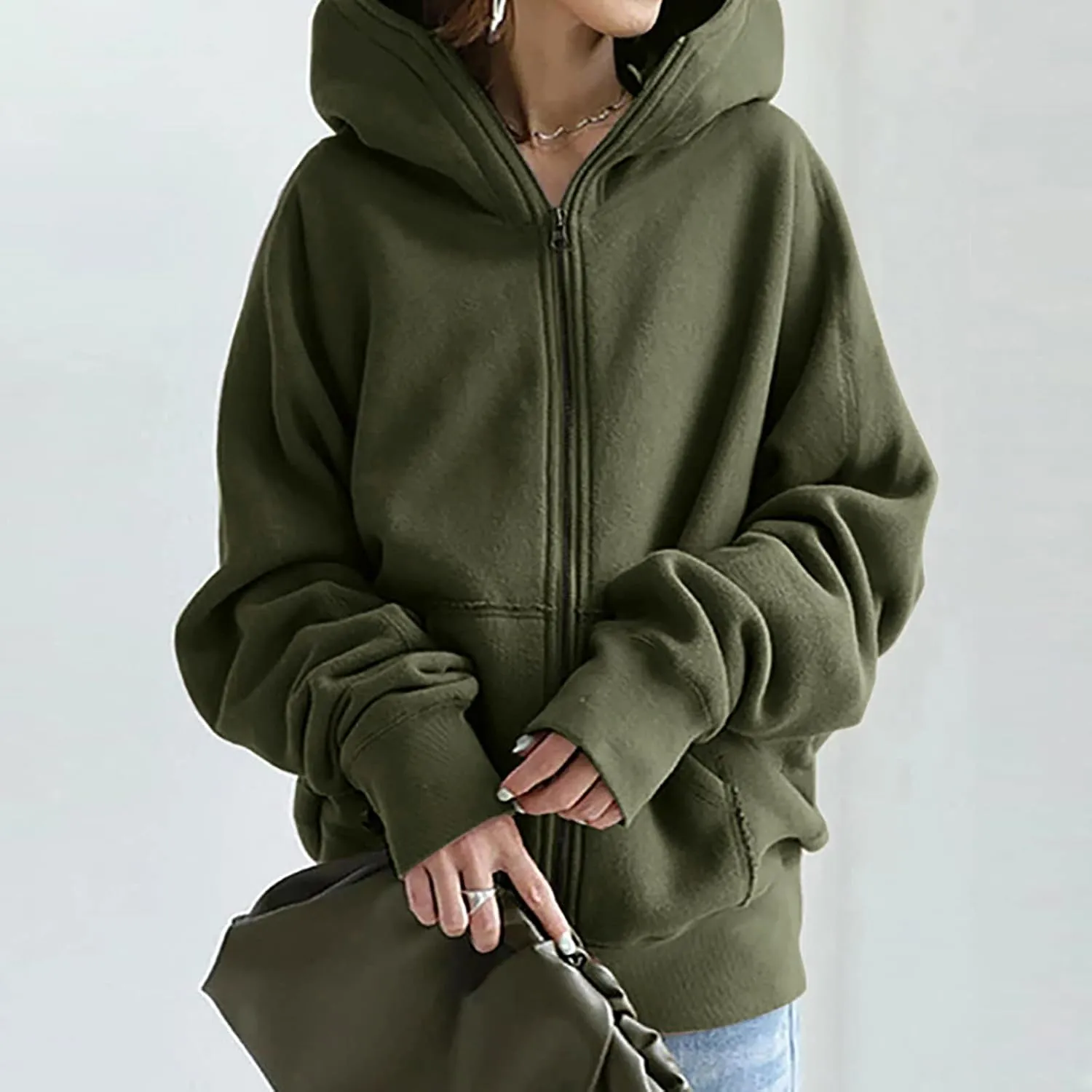 Oversized Zipper Hooded Jackets for Women Plus Size Casual Fleece Long Sleeve Hoodie Sweatshirts with Pocket S-5XL