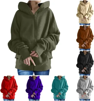 Oversized Zipper Hooded Jackets for Women Plus Size Casual Fleece Long Sleeve Hoodie Sweatshirts with Pocket S-5XL