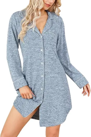 Pabumbubu Nightgowns for Women Long Sleeve Button Down Sleep Shirts Boyfriend Nightshirt Nursing Pajamas Sleepwear (Blue, XL)