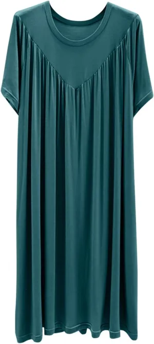 Pajama Dress Womens Pleated Nightdress Long Skirt Sleepwear Solid Color Nightwear Loose Short Sleeve Casual Nightgown