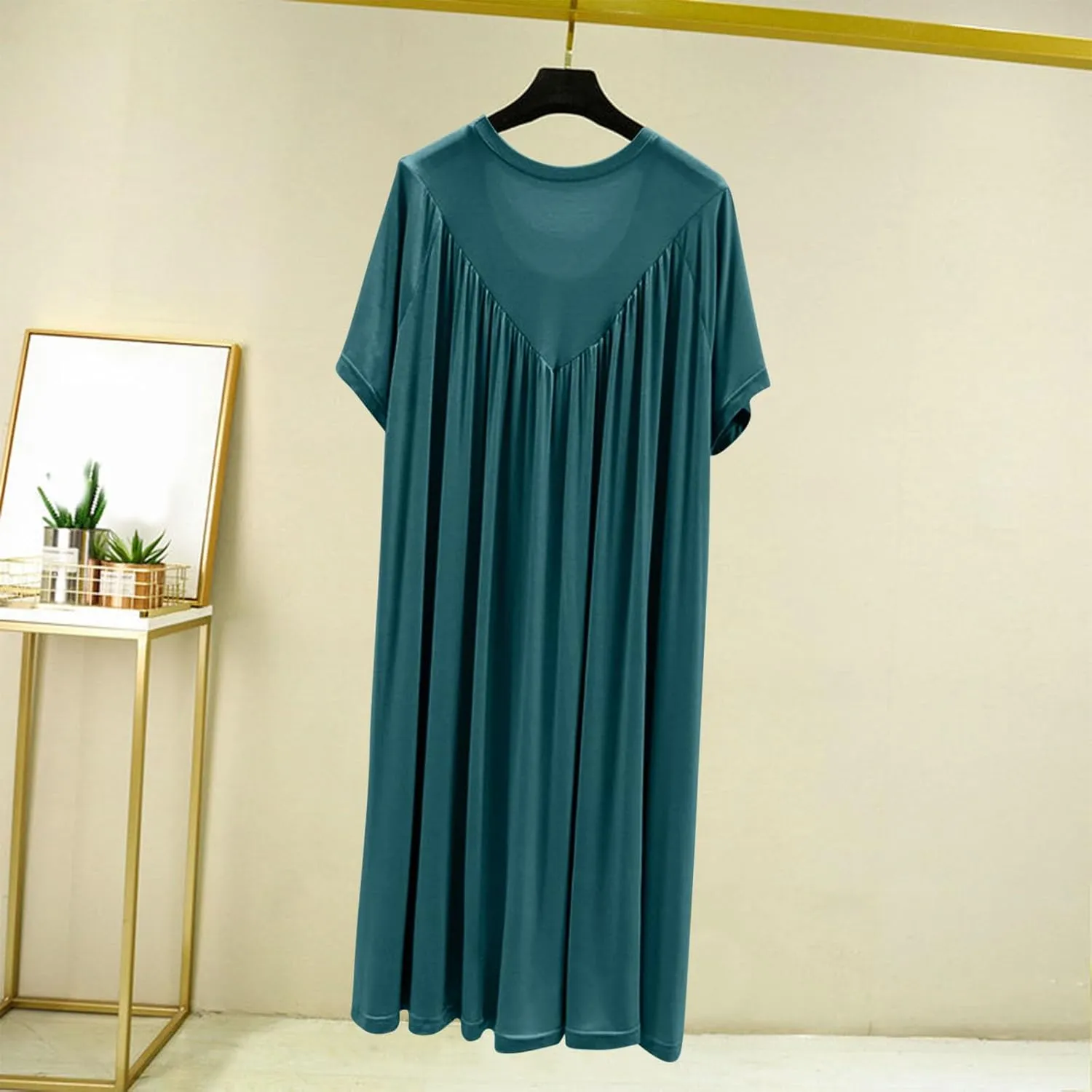 Pajama Dress Womens Pleated Nightdress Long Skirt Sleepwear Solid Color Nightwear Loose Short Sleeve Casual Nightgown