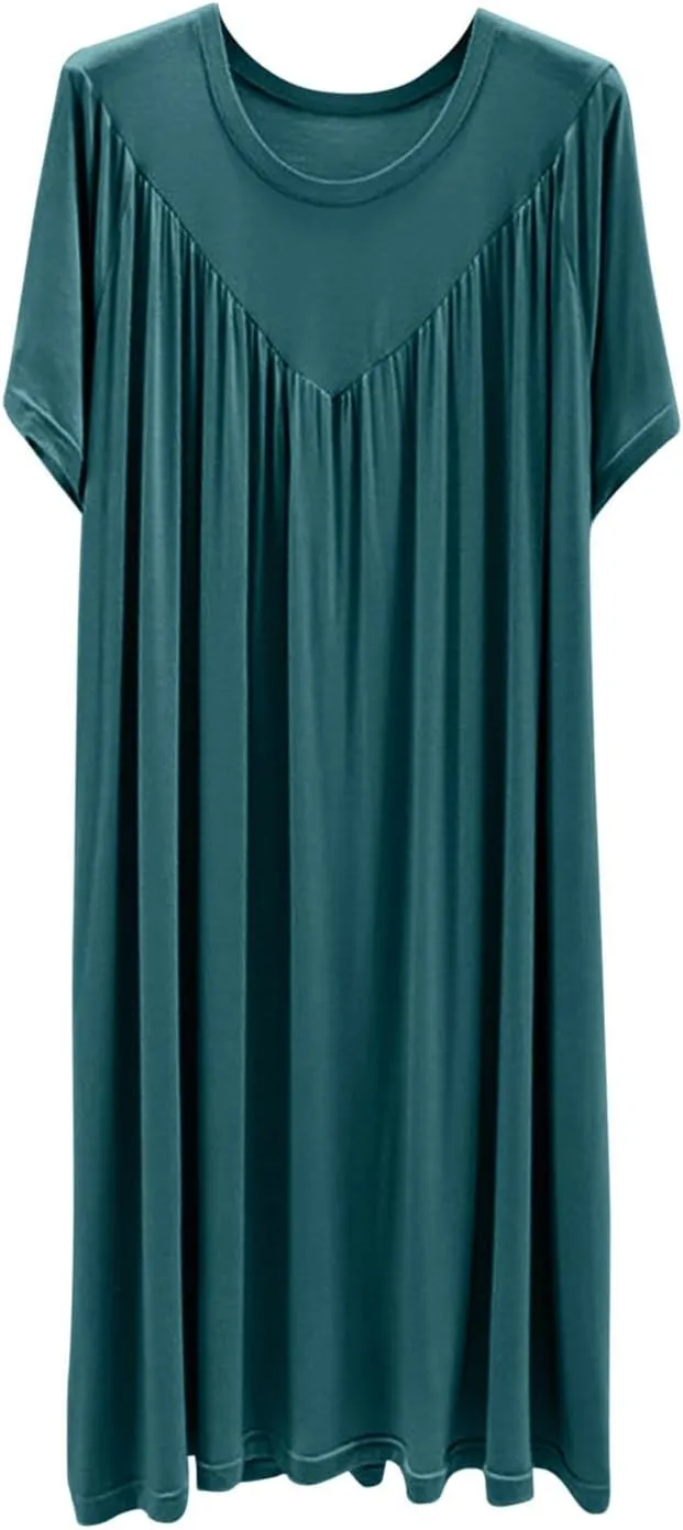 Pajama Dress Womens Pleated Nightdress Long Skirt Sleepwear Solid Color Nightwear Loose Short Sleeve Casual Nightgown
