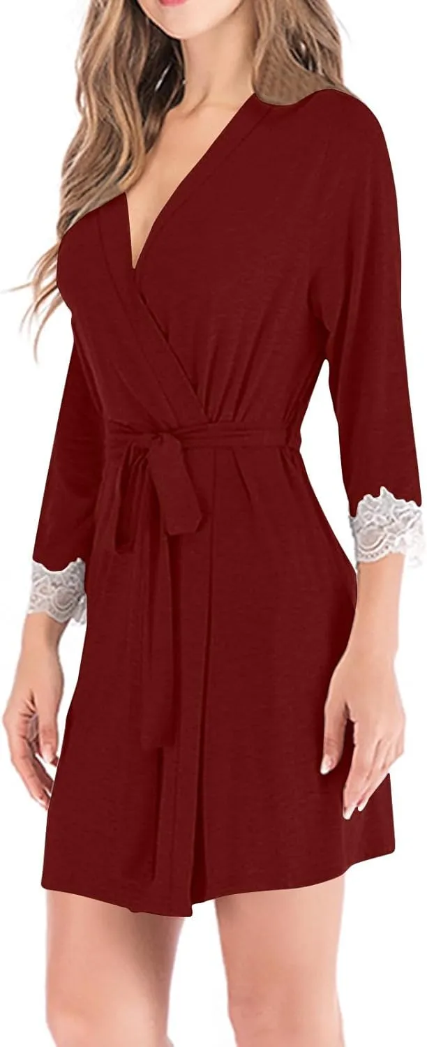 Pajama Robe Womens Lace 3/4 Sleeves Bathrobe Solid Color Nightgown Loose Sleepwear Soft Nightwear Casual Nightdress