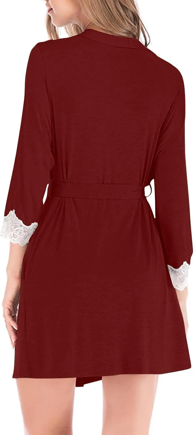 Pajama Robe Womens Lace 3/4 Sleeves Bathrobe Solid Color Nightgown Loose Sleepwear Soft Nightwear Casual Nightdress