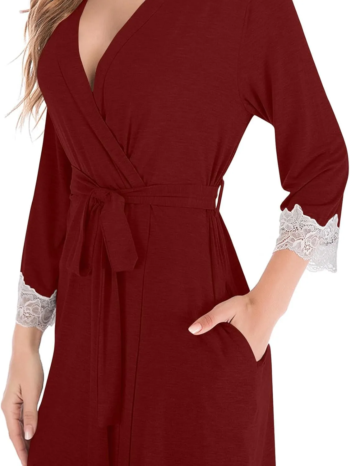 Pajama Robe Womens Lace 3/4 Sleeves Bathrobe Solid Color Nightgown Loose Sleepwear Soft Nightwear Casual Nightdress