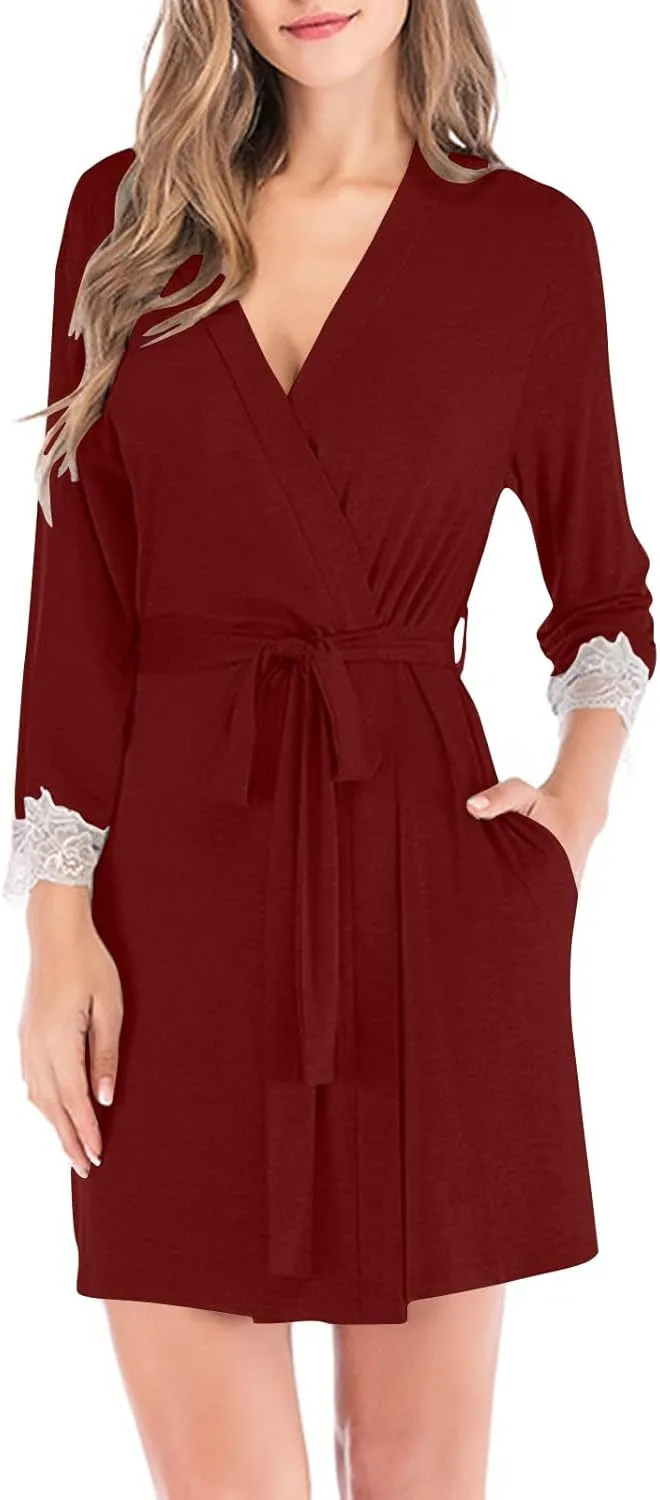 Pajama Robe Womens Lace 3/4 Sleeves Bathrobe Solid Color Nightgown Loose Sleepwear Soft Nightwear Casual Nightdress