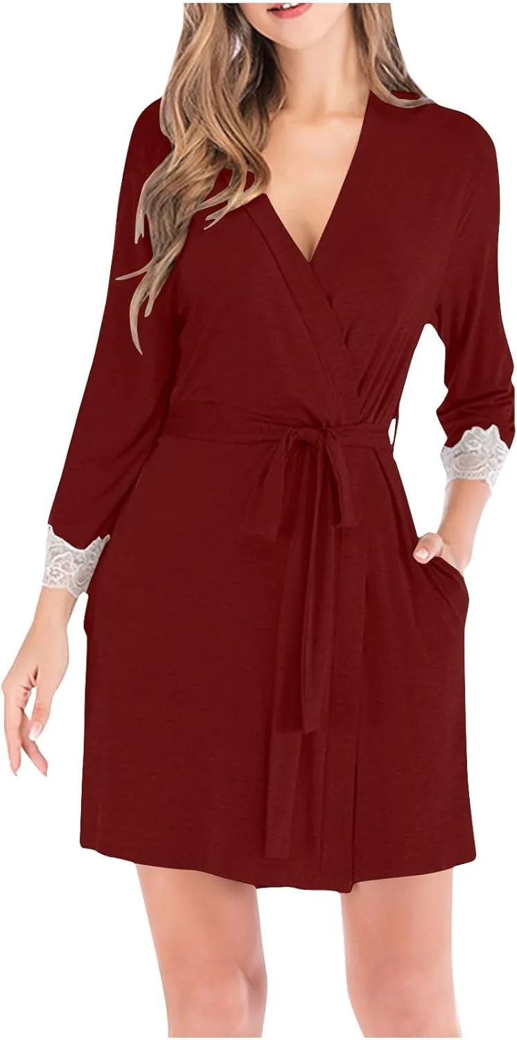 Pajama Robe Womens Lace 3/4 Sleeves Bathrobe Solid Color Nightgown Loose Sleepwear Soft Nightwear Casual Nightdress