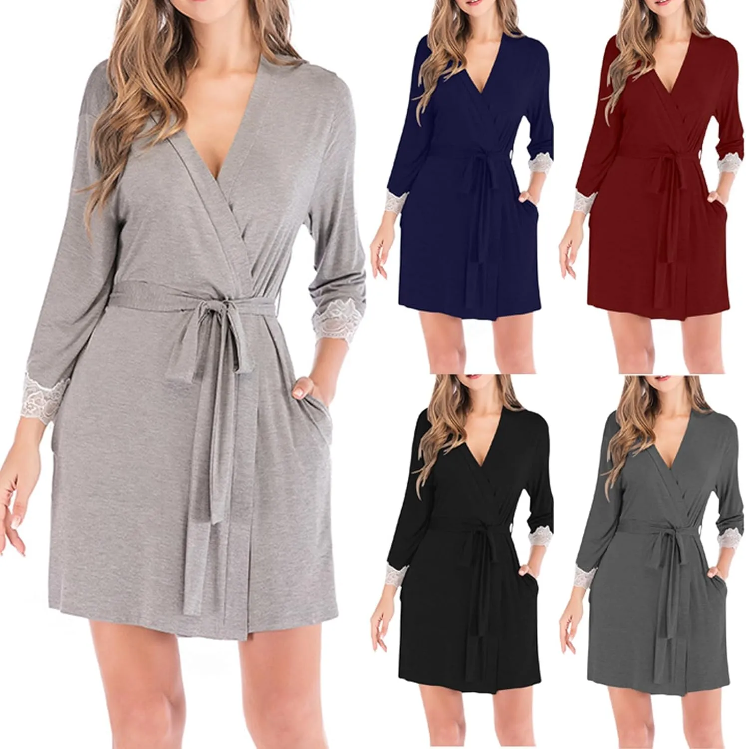 Pajama Robe Womens Lace 3/4 Sleeves Bathrobe Solid Color Nightgown Loose Sleepwear Soft Nightwear Casual Nightdress