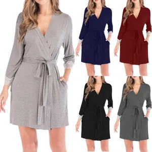 Pajama Robe Womens Lace 3/4 Sleeves Bathrobe Solid Color Nightgown Loose Sleepwear Soft Nightwear Casual Nightdress