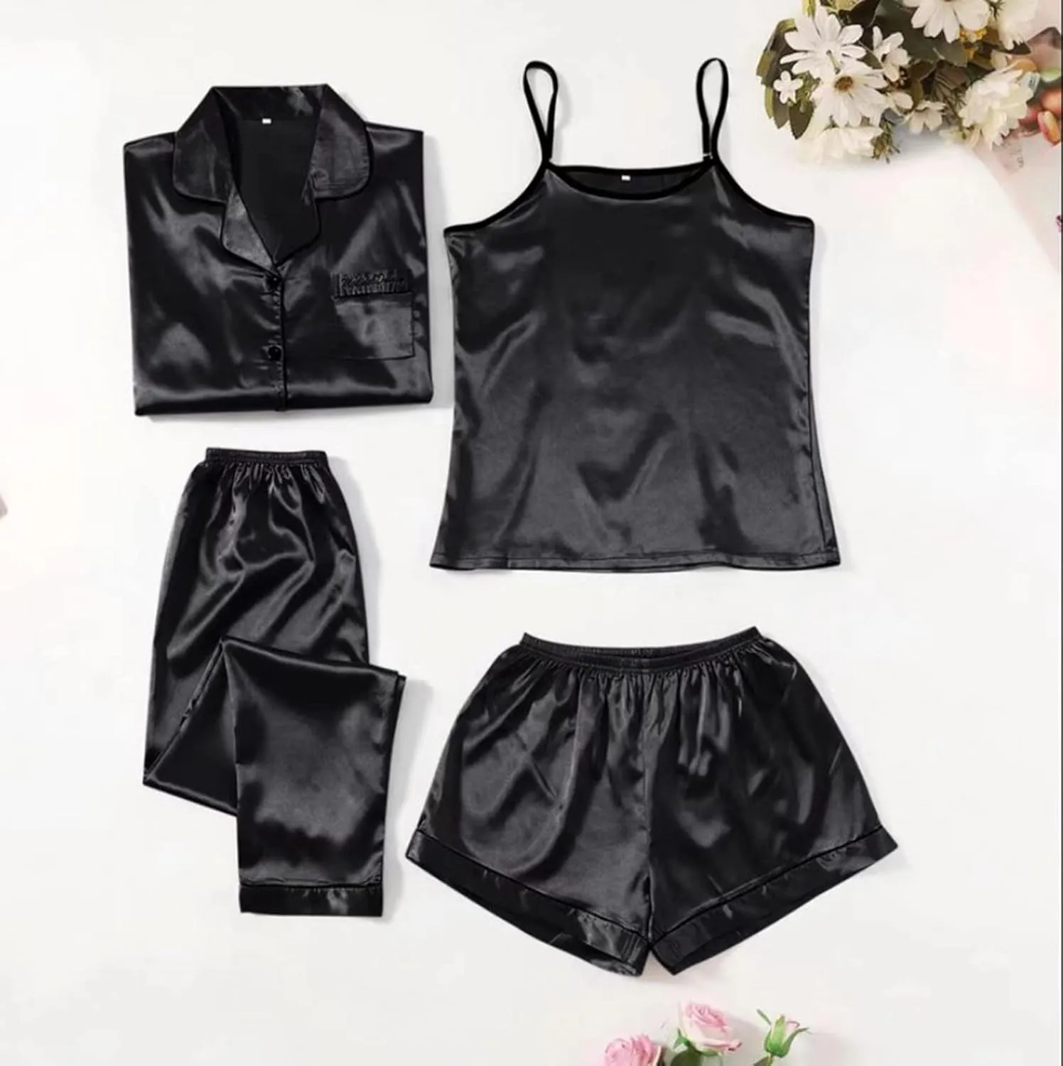 Pajamas Sets for Women,Silk Pajama Set 4pcs Satin Sleepwear Camisole Long Pants Shorts Sexy Lace Nightgowns Sets
