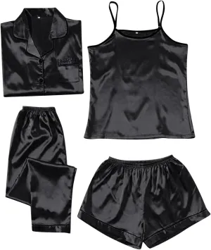 Pajamas Sets for Women,Silk Pajama Set 4pcs Satin Sleepwear Camisole Long Pants Shorts Sexy Lace Nightgowns Sets