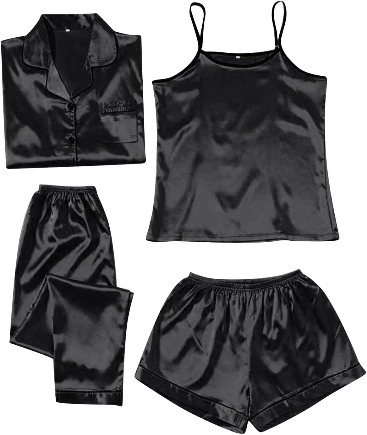 Pajamas Sets for Women,Silk Pajama Set 4pcs Satin Sleepwear Camisole Long Pants Shorts Sexy Lace Nightgowns Sets