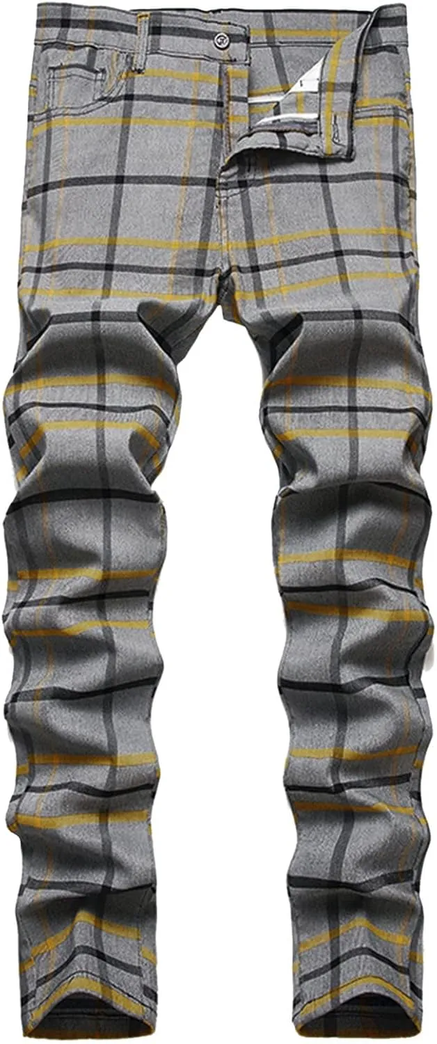 Plaid Dress Pants for Mens Slim Fit Dress Pants Outdoor Business Casual Fashion Flat Front Skinny Golf Fall Trousers