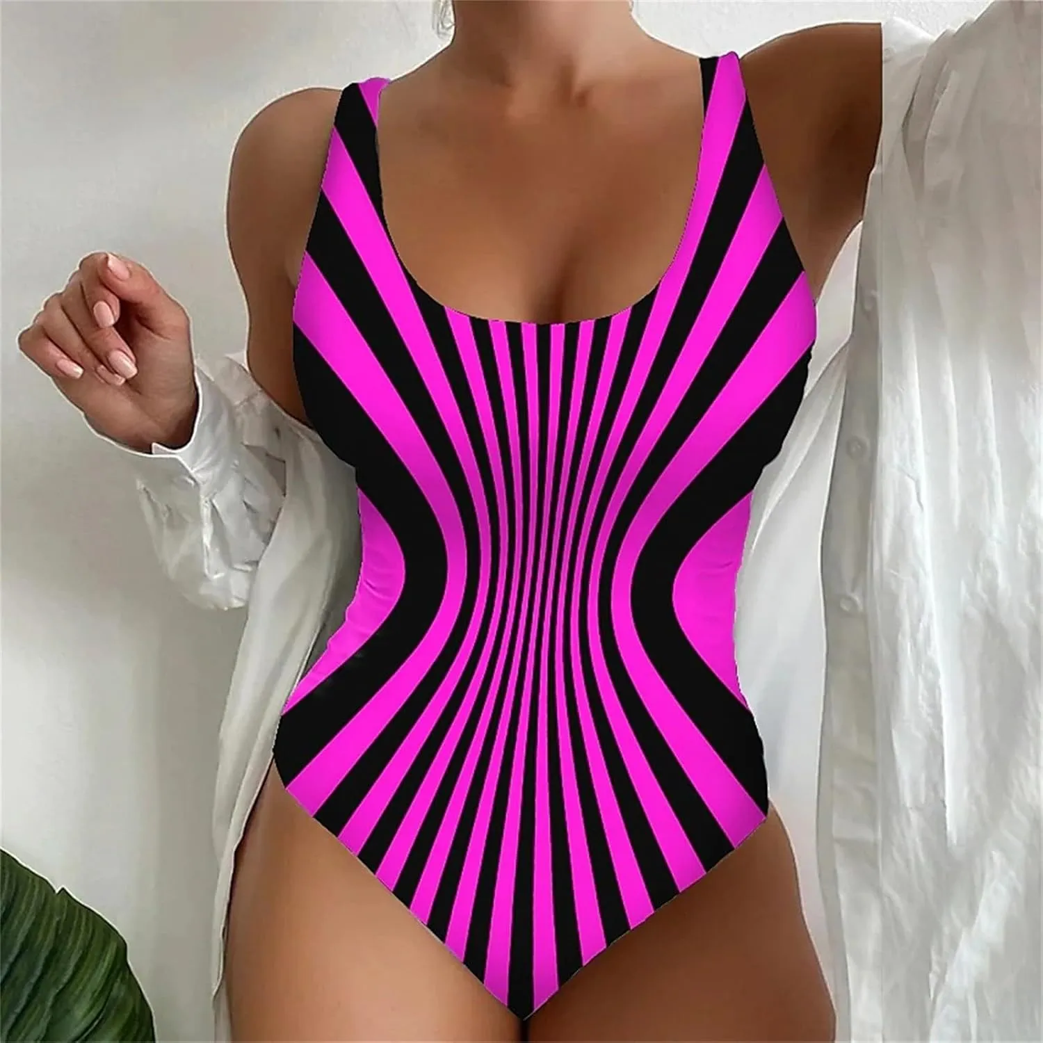 Plus Size One Piece Swimsuit for Women Tummy Control Stripe Square Neck Bathing Suits Retro Modest Beach Outfits