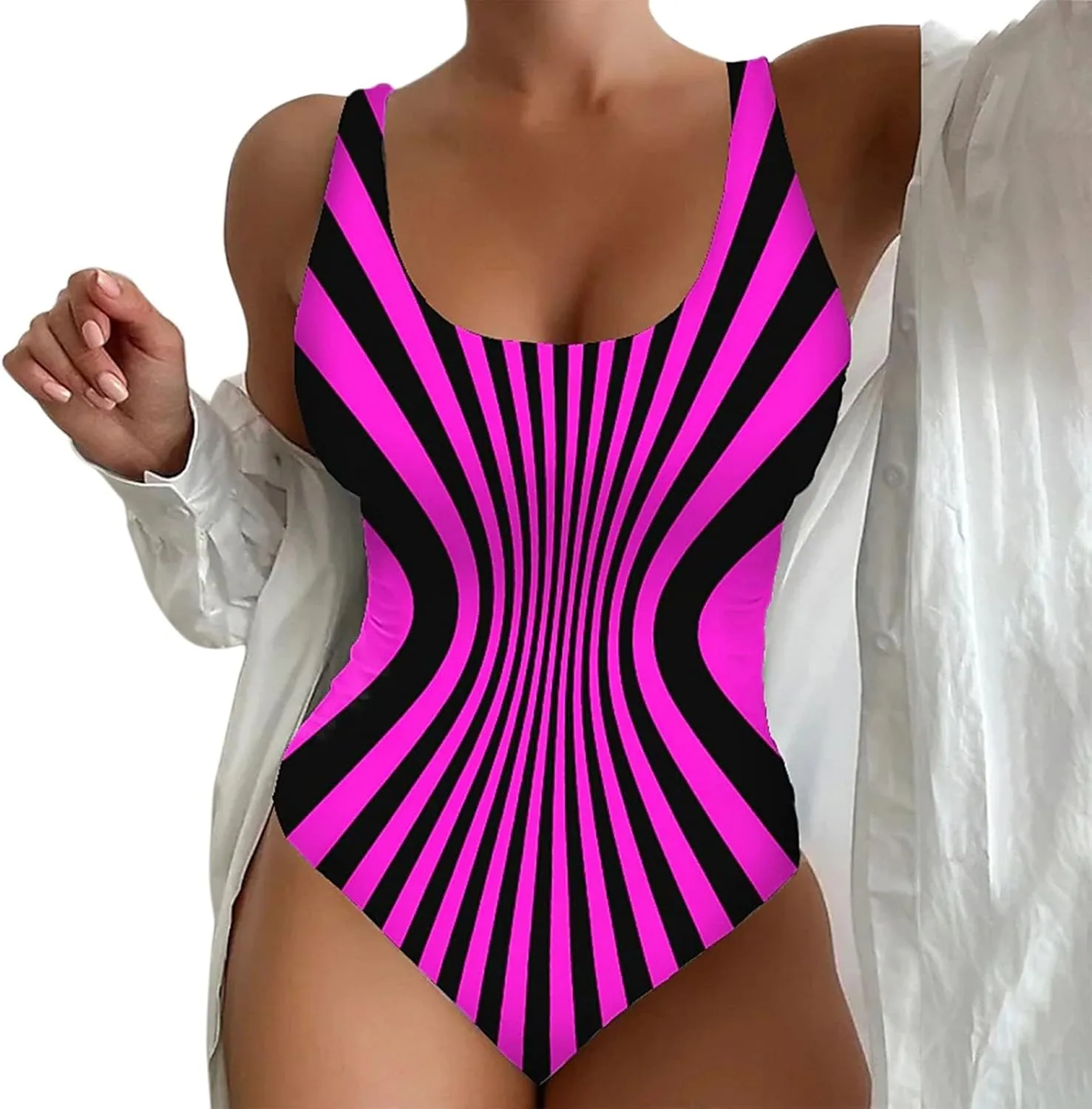 Plus Size One Piece Swimsuit for Women Tummy Control Stripe Square Neck Bathing Suits Retro Modest Beach Outfits