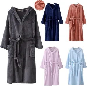 Plush Bathrobe for Women Hooded Sleepwear Robe Fleece Pajamas Solid Color Nightwear Long Sleeve Nightgown Loungewear