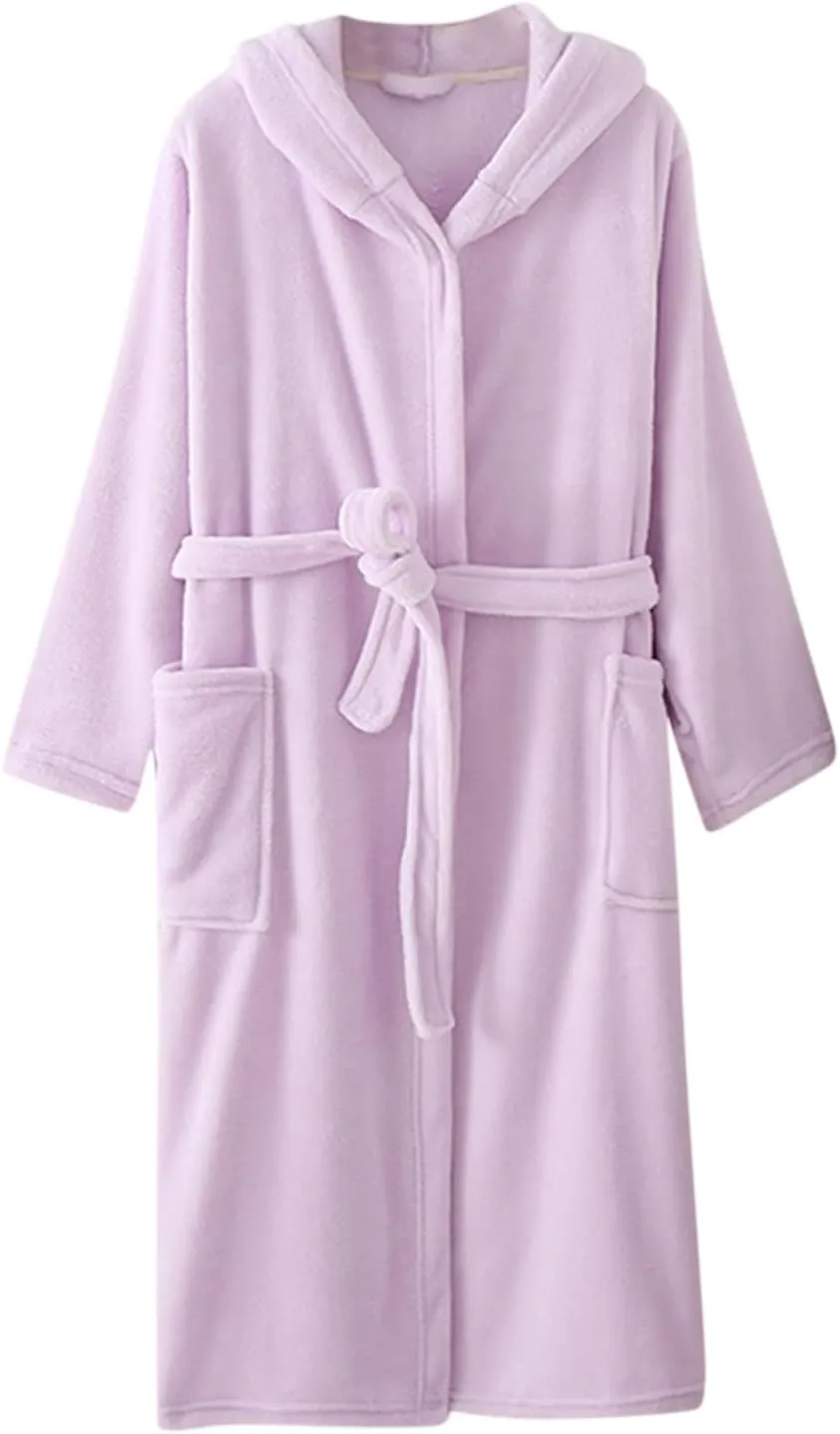 Plush Bathrobe for Women Hooded Sleepwear Robe Fleece Pajamas Solid Color Nightwear Long Sleeve Nightgown Loungewear