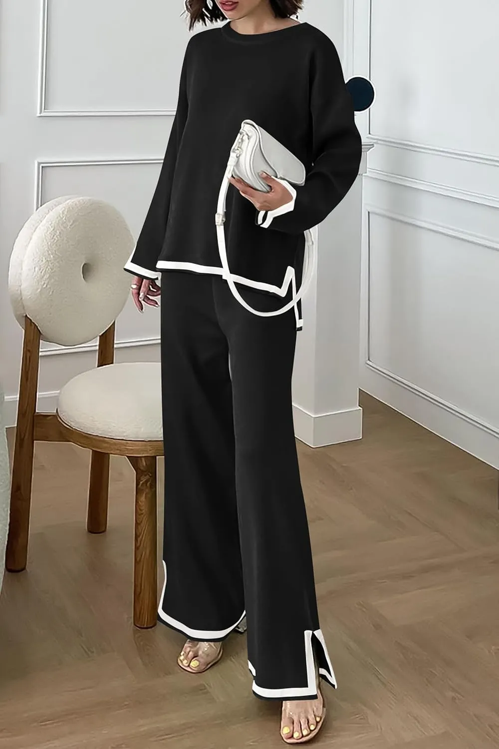 PRETTYGARDEN Women's 2 Piece Knit Sweater Set Casual Long Sleeve Pullover Wide Leg Pants Sweatsuit Tracksuit Outfit