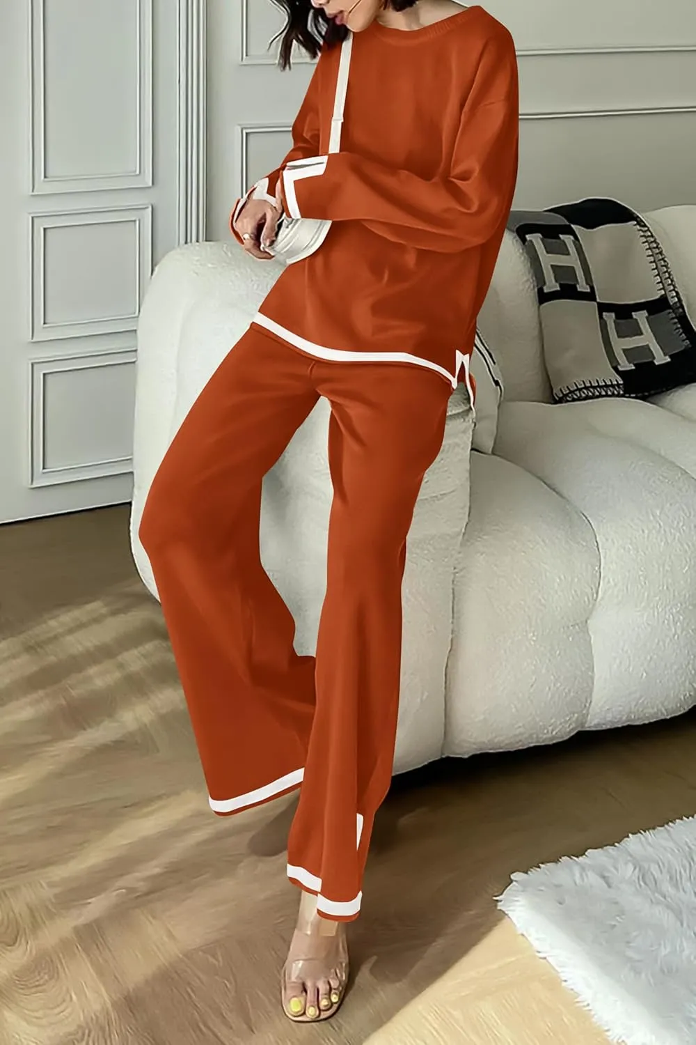 PRETTYGARDEN Women's 2 Piece Knit Sweater Set Casual Long Sleeve Pullover Wide Leg Pants Sweatsuit Tracksuit Outfit