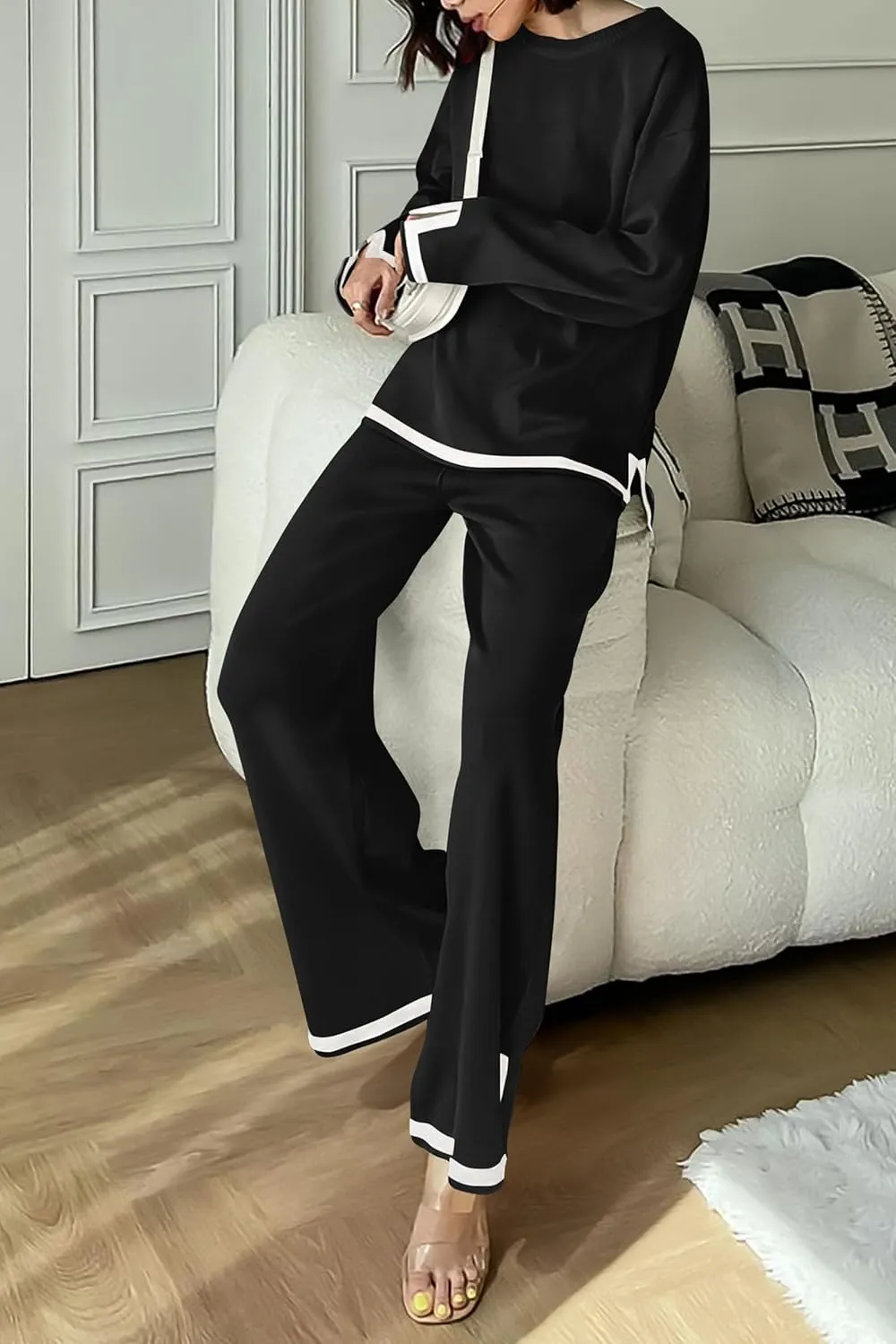 PRETTYGARDEN Women's 2 Piece Knit Sweater Set Casual Long Sleeve Pullover Wide Leg Pants Sweatsuit Tracksuit Outfit