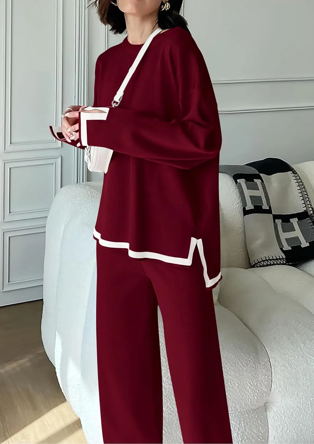 PRETTYGARDEN Women's 2 Piece Knit Sweater Set Casual Long Sleeve Pullover Wide Leg Pants Sweatsuit Tracksuit Outfit