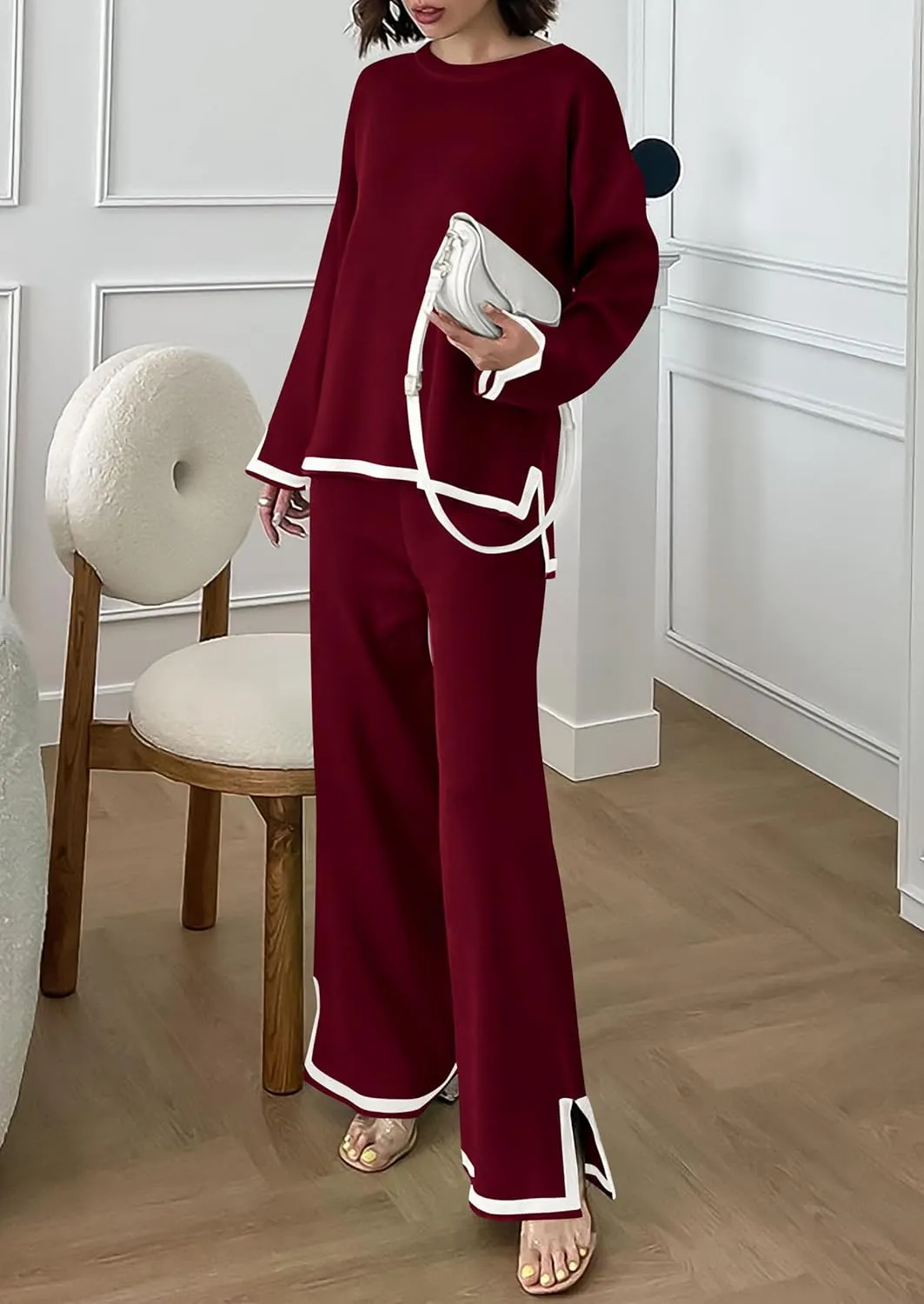 PRETTYGARDEN Women's 2 Piece Knit Sweater Set Casual Long Sleeve Pullover Wide Leg Pants Sweatsuit Tracksuit Outfit