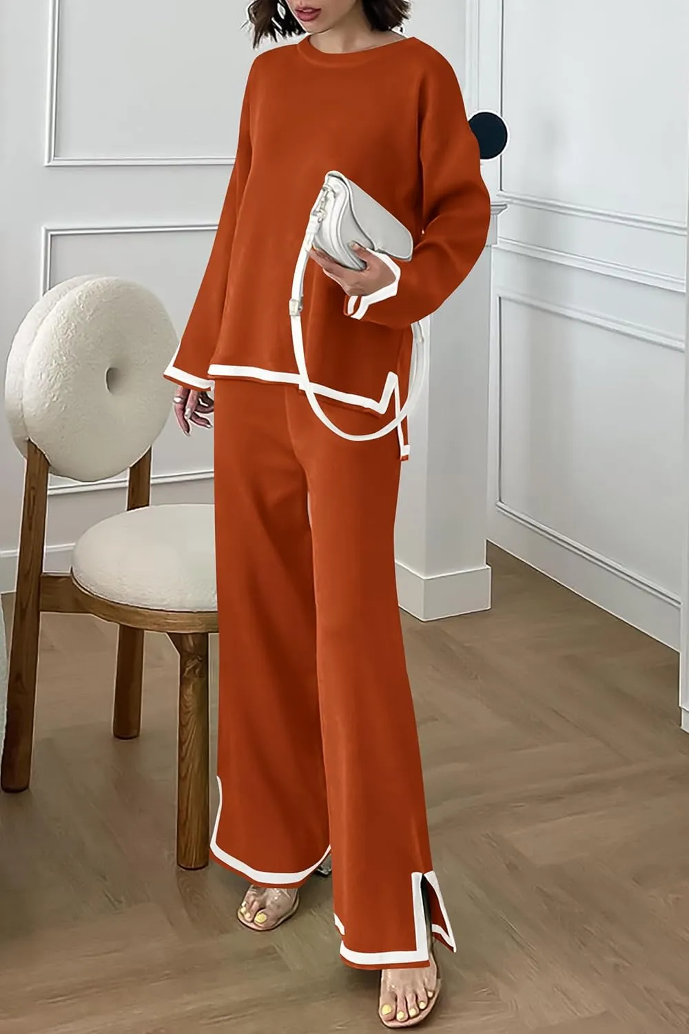 PRETTYGARDEN Women's 2 Piece Knit Sweater Set Casual Long Sleeve Pullover Wide Leg Pants Sweatsuit Tracksuit Outfit