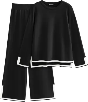 PRETTYGARDEN Women's 2 Piece Knit Sweater Set Casual Long Sleeve Pullover Wide Leg Pants Sweatsuit Tracksuit Outfit
