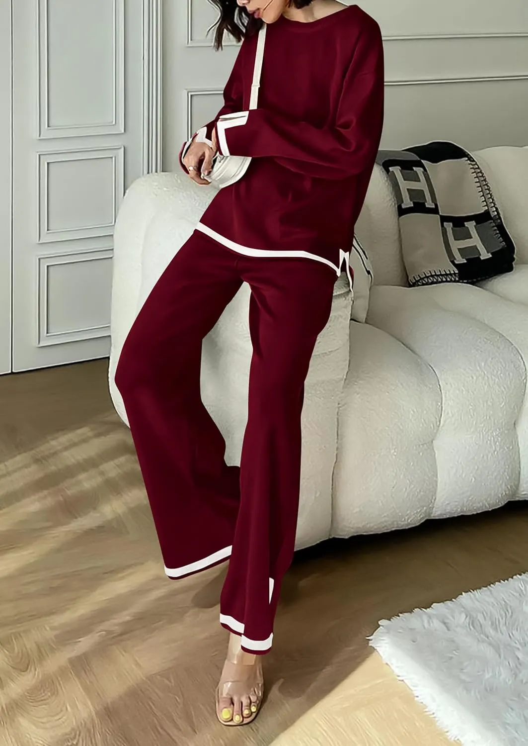 PRETTYGARDEN Women's 2 Piece Knit Sweater Set Casual Long Sleeve Pullover Wide Leg Pants Sweatsuit Tracksuit Outfit