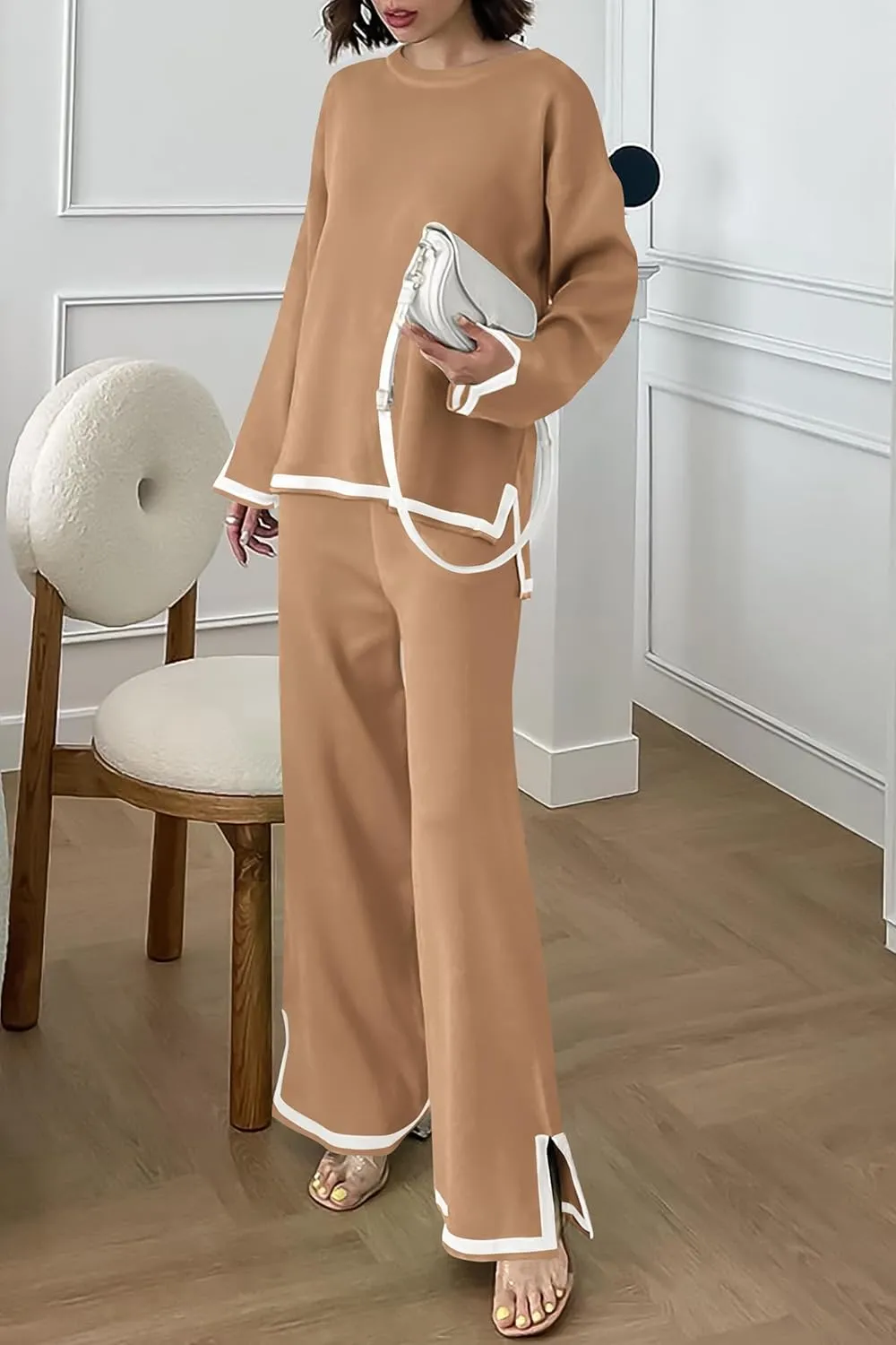 PRETTYGARDEN Women's 2 Piece Knit Sweater Set Casual Long Sleeve Pullover Wide Leg Pants Sweatsuit Tracksuit Outfit