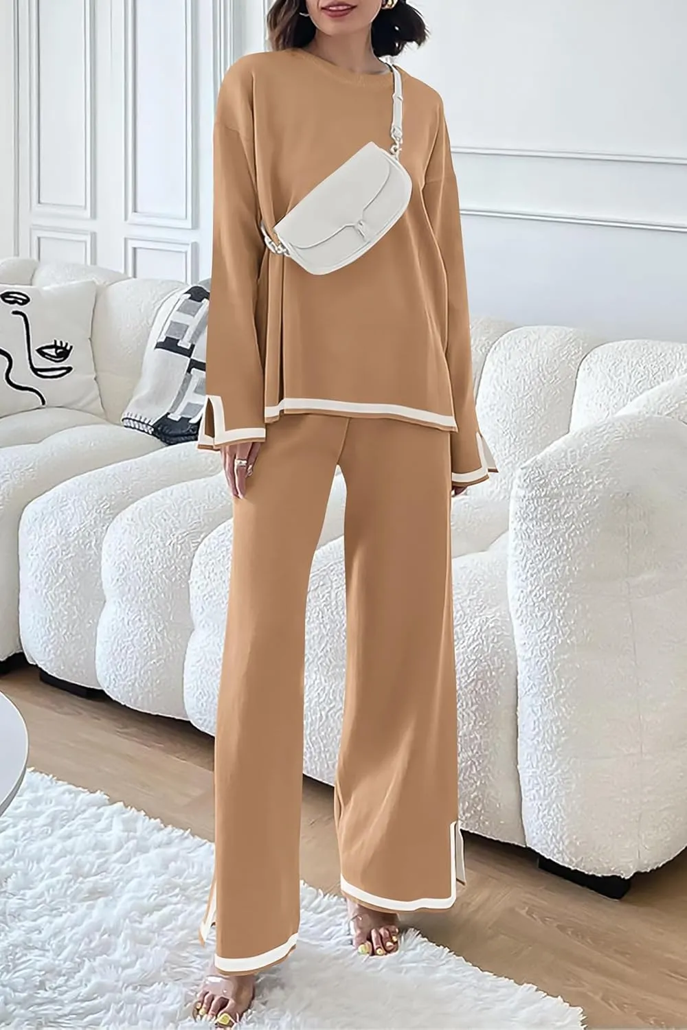 PRETTYGARDEN Women's 2 Piece Knit Sweater Set Casual Long Sleeve Pullover Wide Leg Pants Sweatsuit Tracksuit Outfit