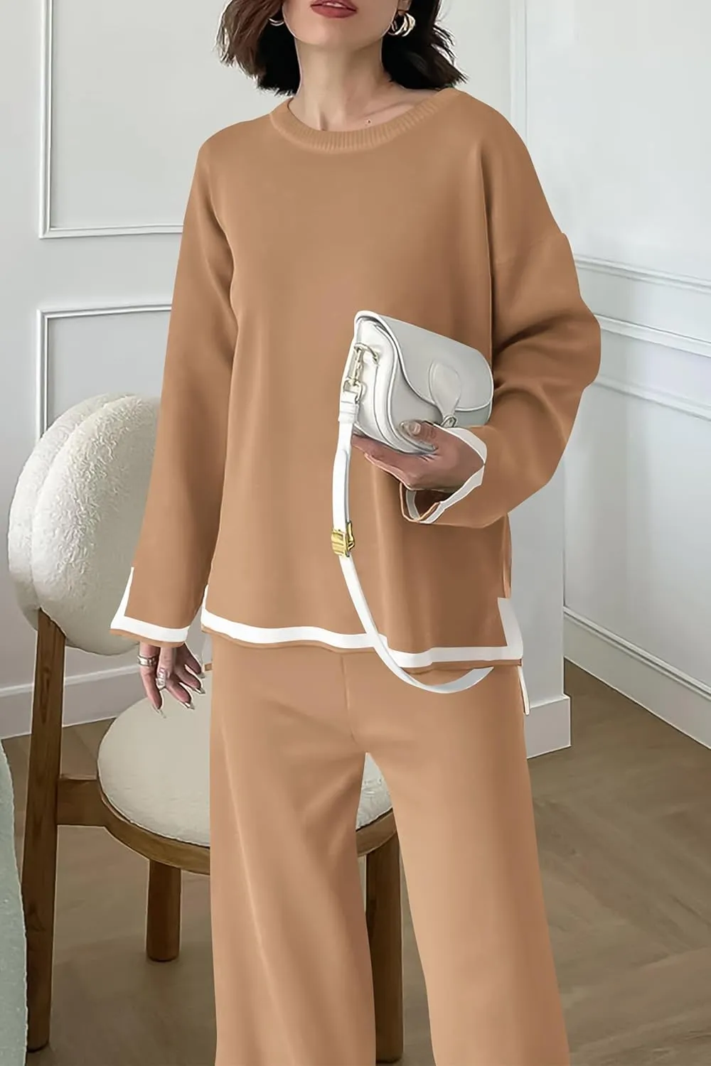 PRETTYGARDEN Women's 2 Piece Knit Sweater Set Casual Long Sleeve Pullover Wide Leg Pants Sweatsuit Tracksuit Outfit