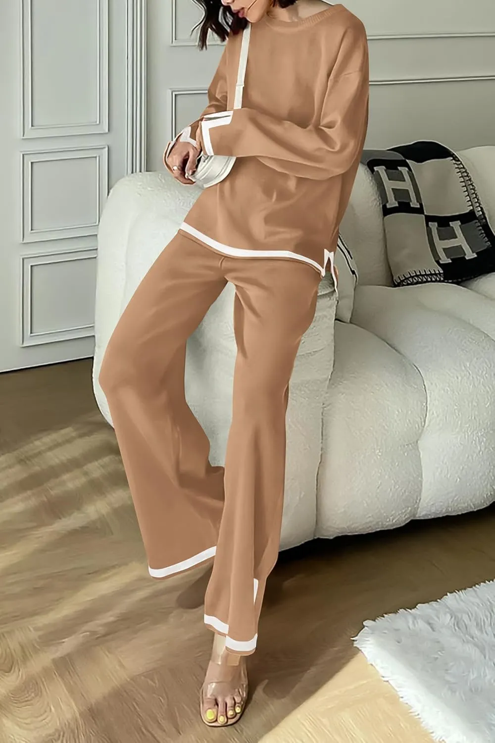 PRETTYGARDEN Women's 2 Piece Knit Sweater Set Casual Long Sleeve Pullover Wide Leg Pants Sweatsuit Tracksuit Outfit