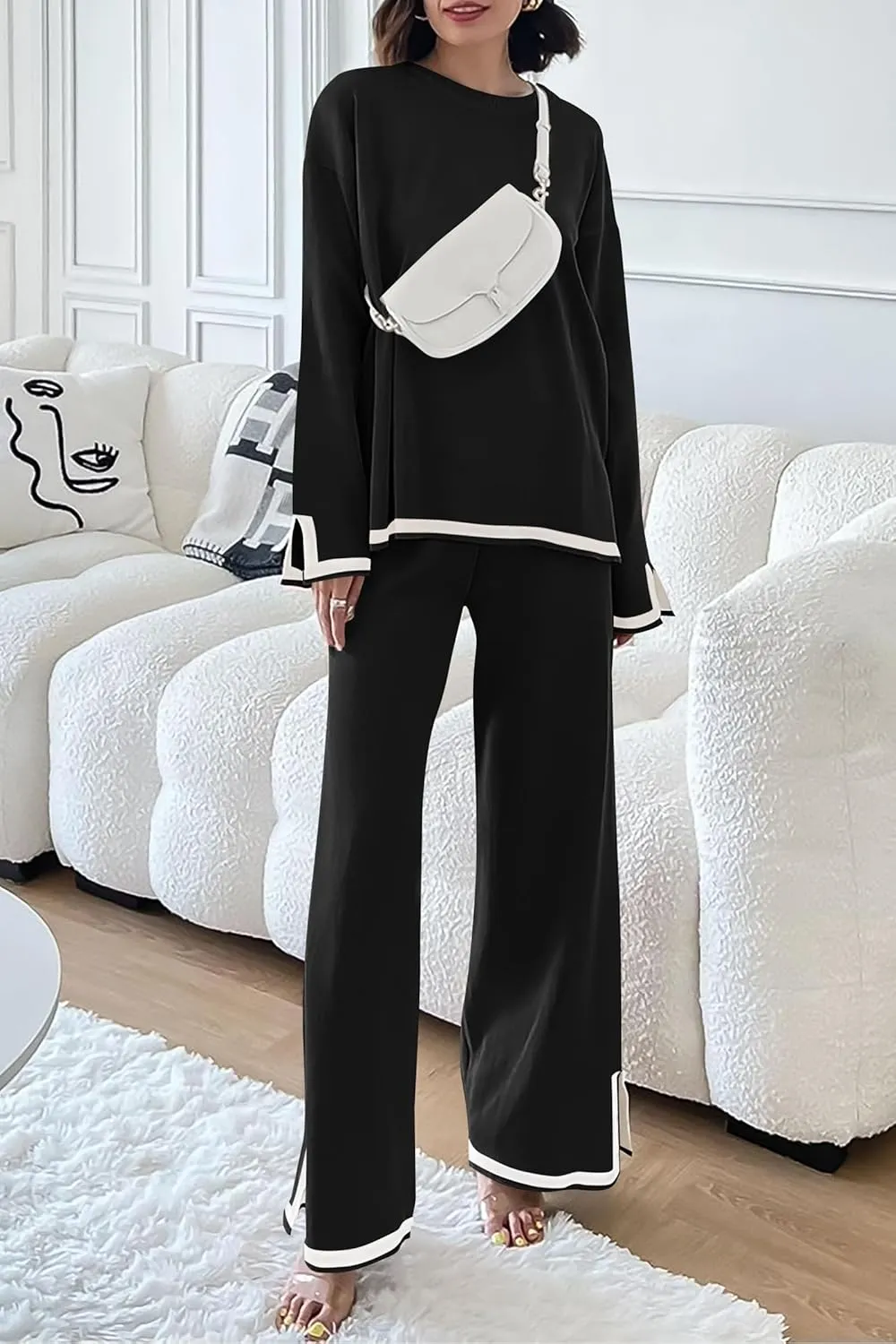 PRETTYGARDEN Women's 2 Piece Knit Sweater Set Casual Long Sleeve Pullover Wide Leg Pants Sweatsuit Tracksuit Outfit