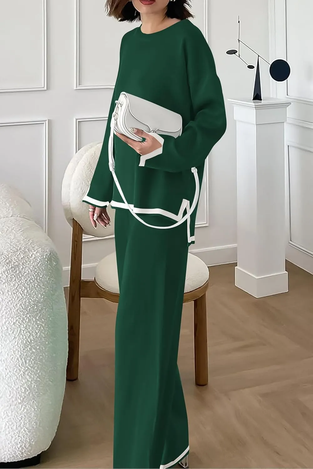 PRETTYGARDEN Women's 2 Piece Knit Sweater Set Casual Long Sleeve Pullover Wide Leg Pants Sweatsuit Tracksuit Outfit